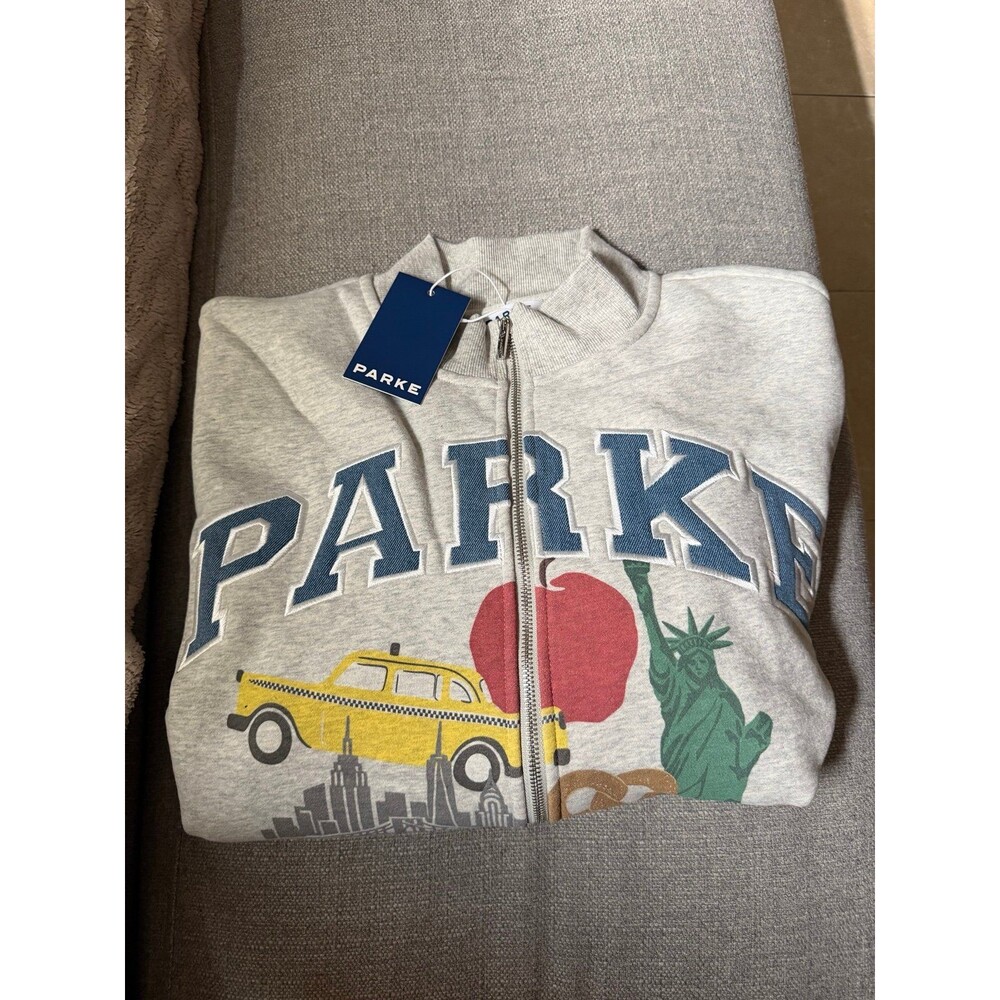 Parke NYC Pop Up Gray Zip-Up Graphic NYC Mockneck Denim Letters S/M